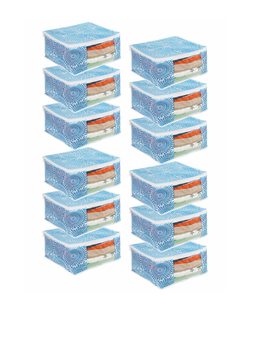 

prettykrafts Set of 12 Blue Printed Saree Organizers With Transparent Window