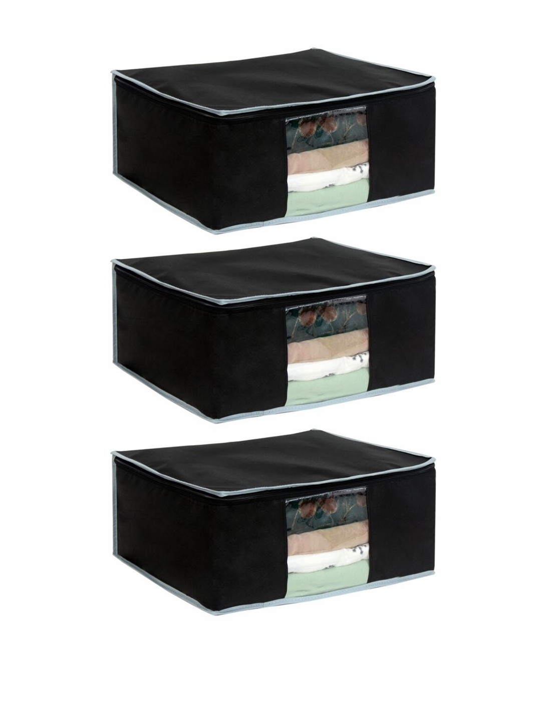 

prettykrafts Set Of 3 Black Solid Saree Organisers With Transparent Window