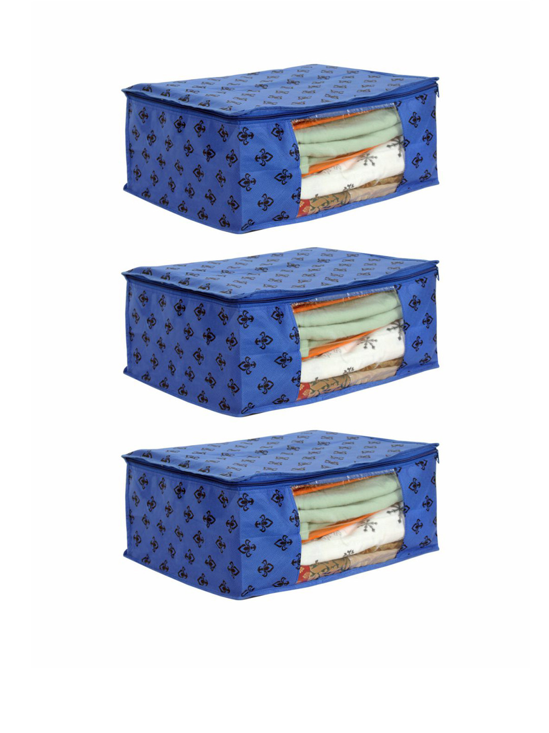 

prettykrafts Set Of 3 Blue Printed Saree Organisers With Transparent Window