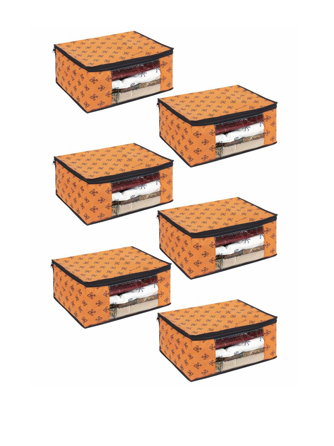 

prettykrafts Set Of 6 Orange Printed Saree Organisers With Transparent Window
