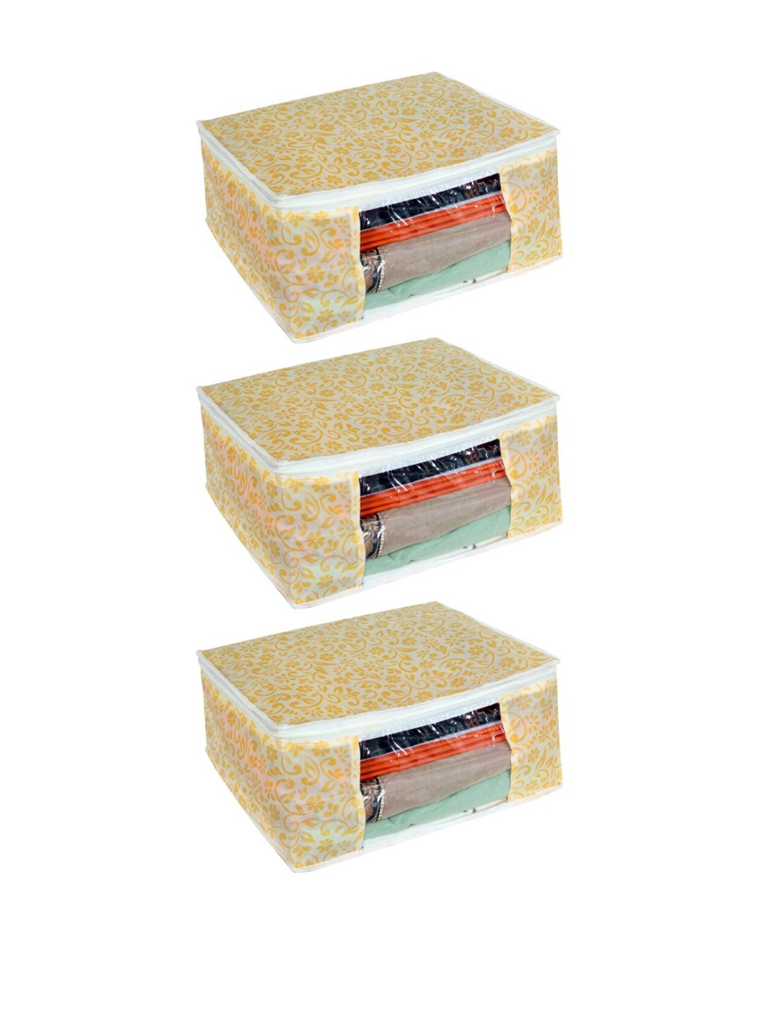 

prettykrafts Set Of 3 Yellow Printed Saree Organisers With Transparent Window