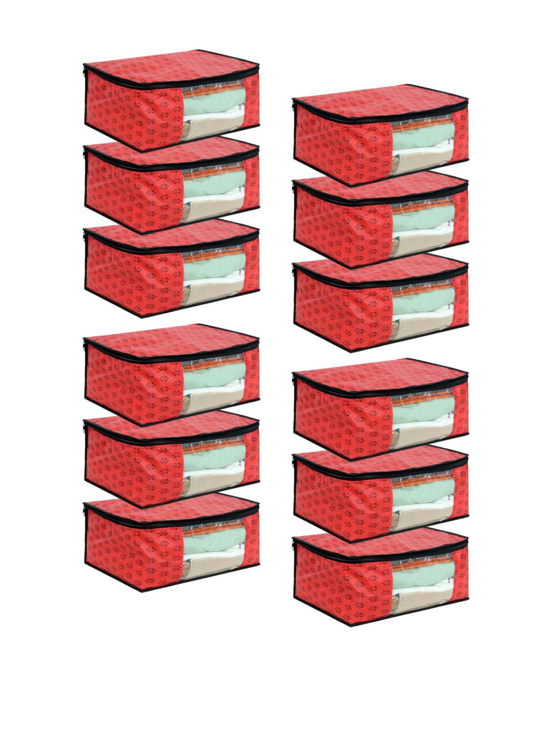 

prettykrafts Set Of 12 Red Printed Saree Organizers With Transparent Window
