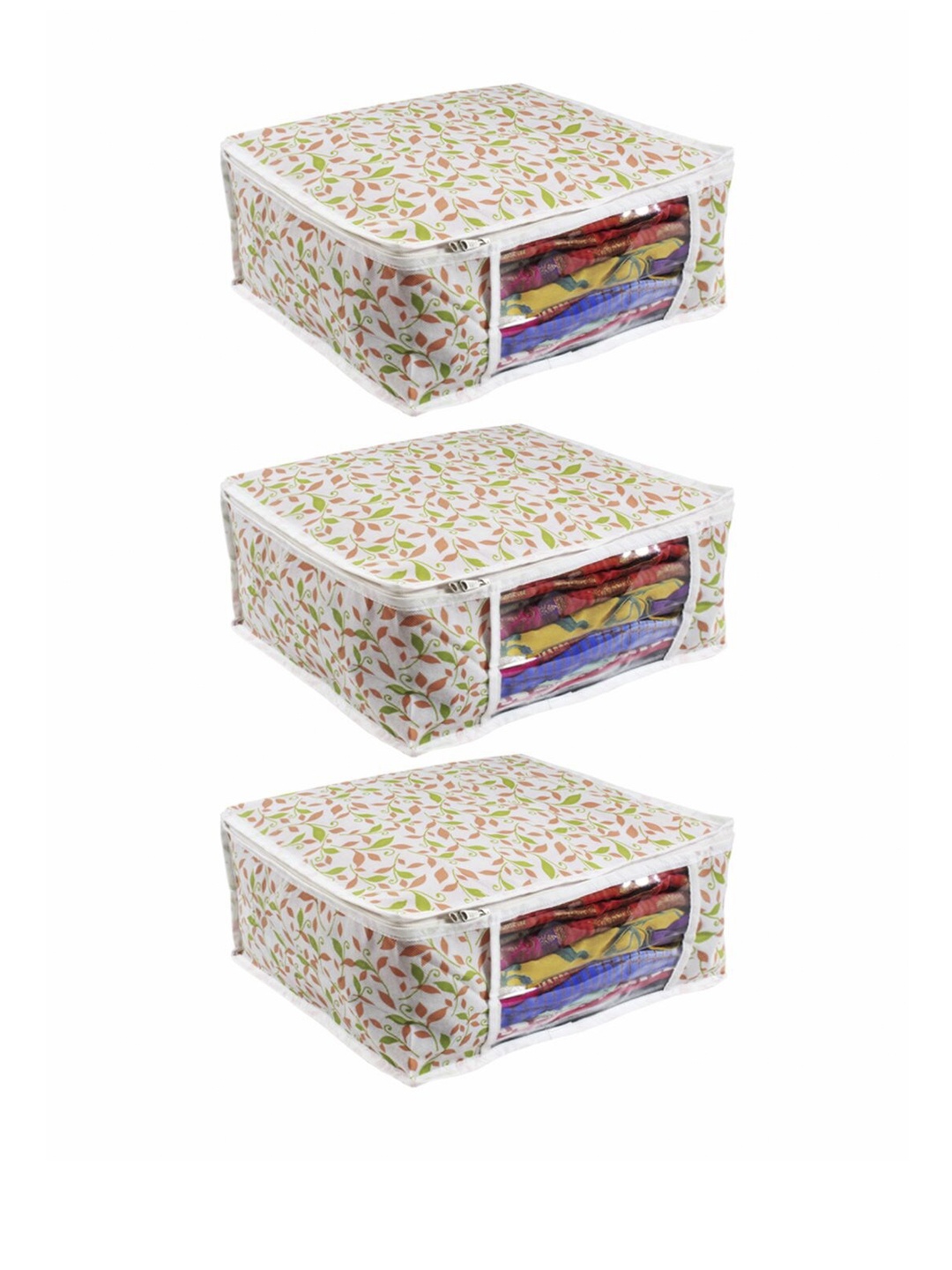 

prettykrafts Set Of 3 Multicoloured Printed Saree Organisers With Transparent Window, Multi