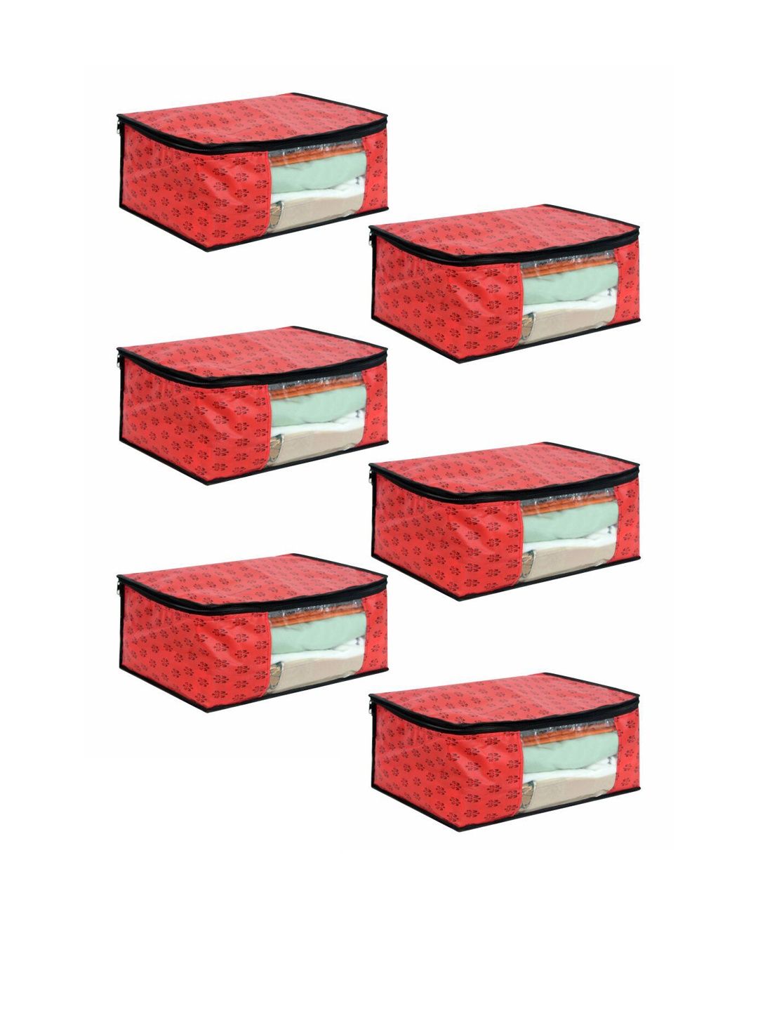 

prettykrafts Set Of 6 Red Printed Saree Organisers With Transparent Window