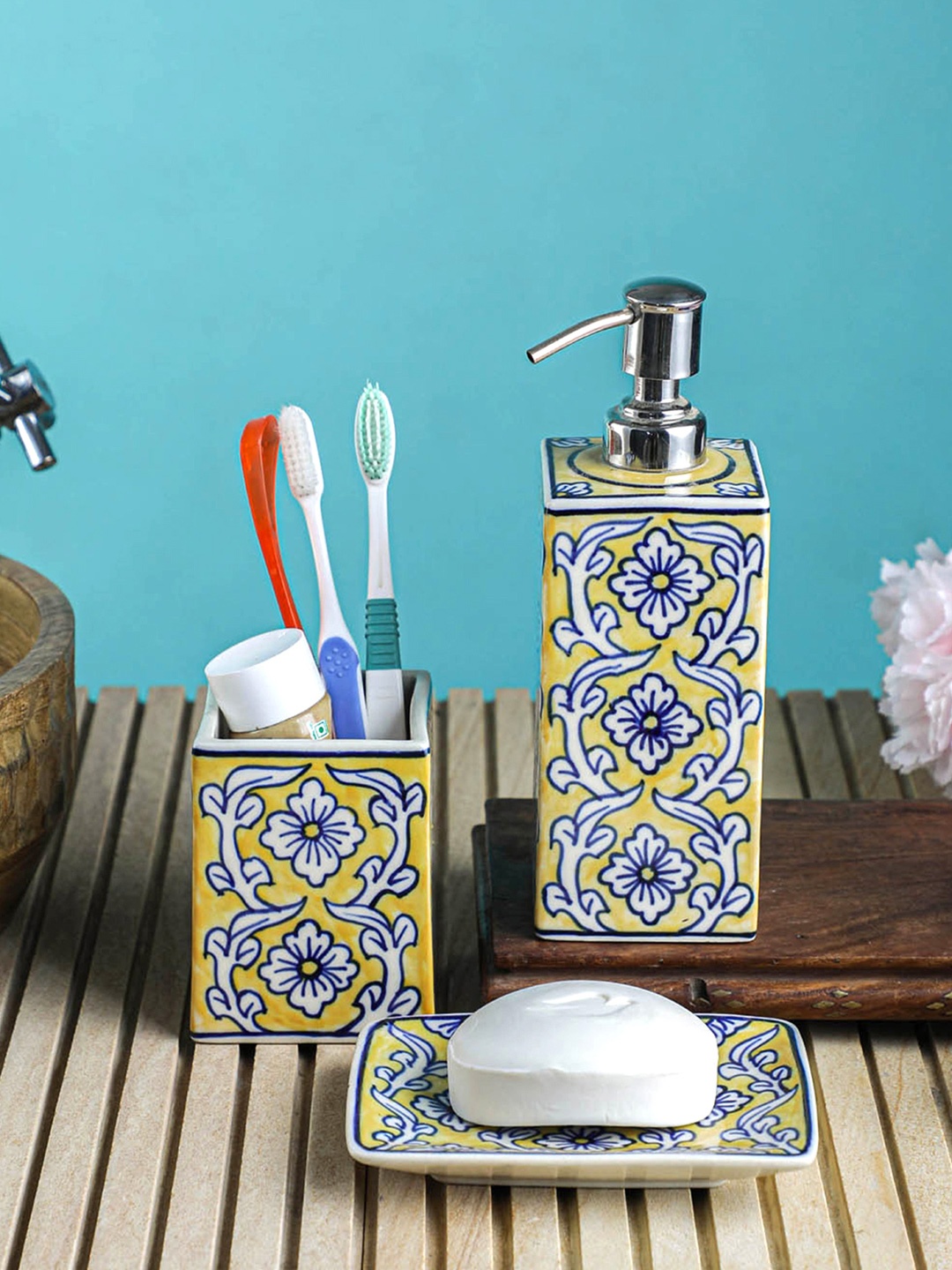 

VarEesha Set Of 3 Yellow & Blue Floral Ceramic Bath Accessories