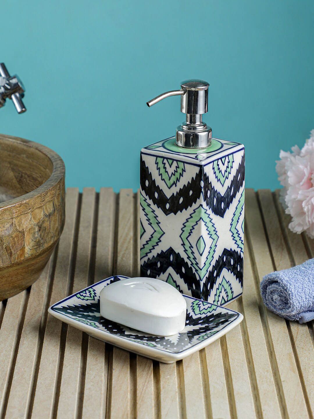 

VarEesha Set Of 2 Off White & Sea Green Geometric Printed Ceramic Rectangular Bathroom Accessory Set