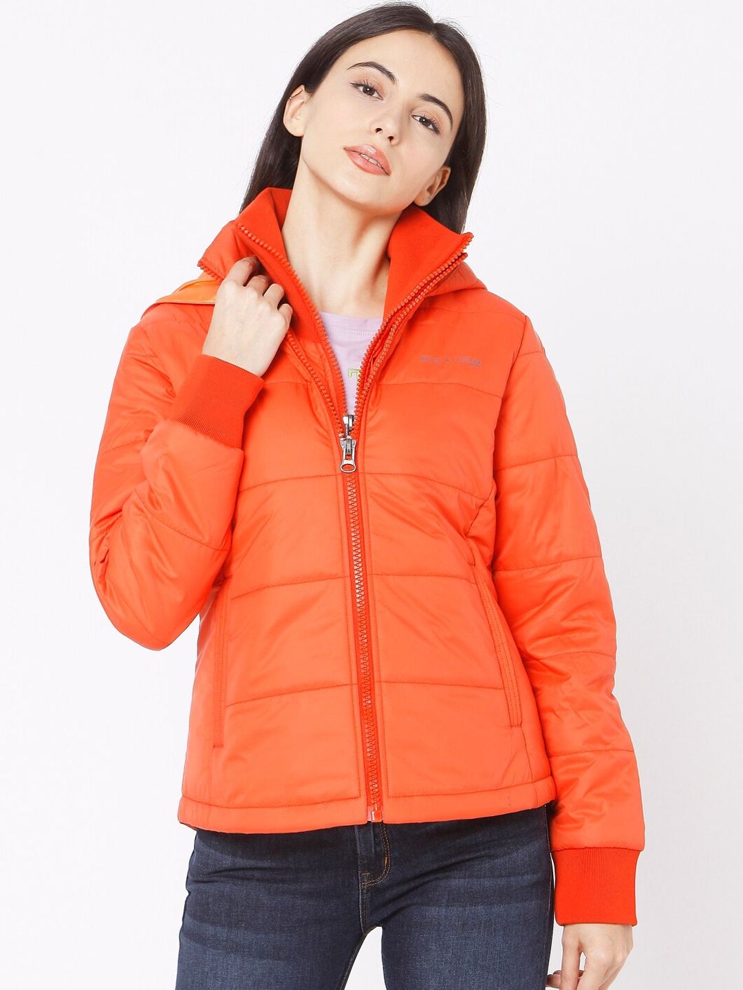 

SPYKAR Women Orange Solid Hooded Padded Jacket