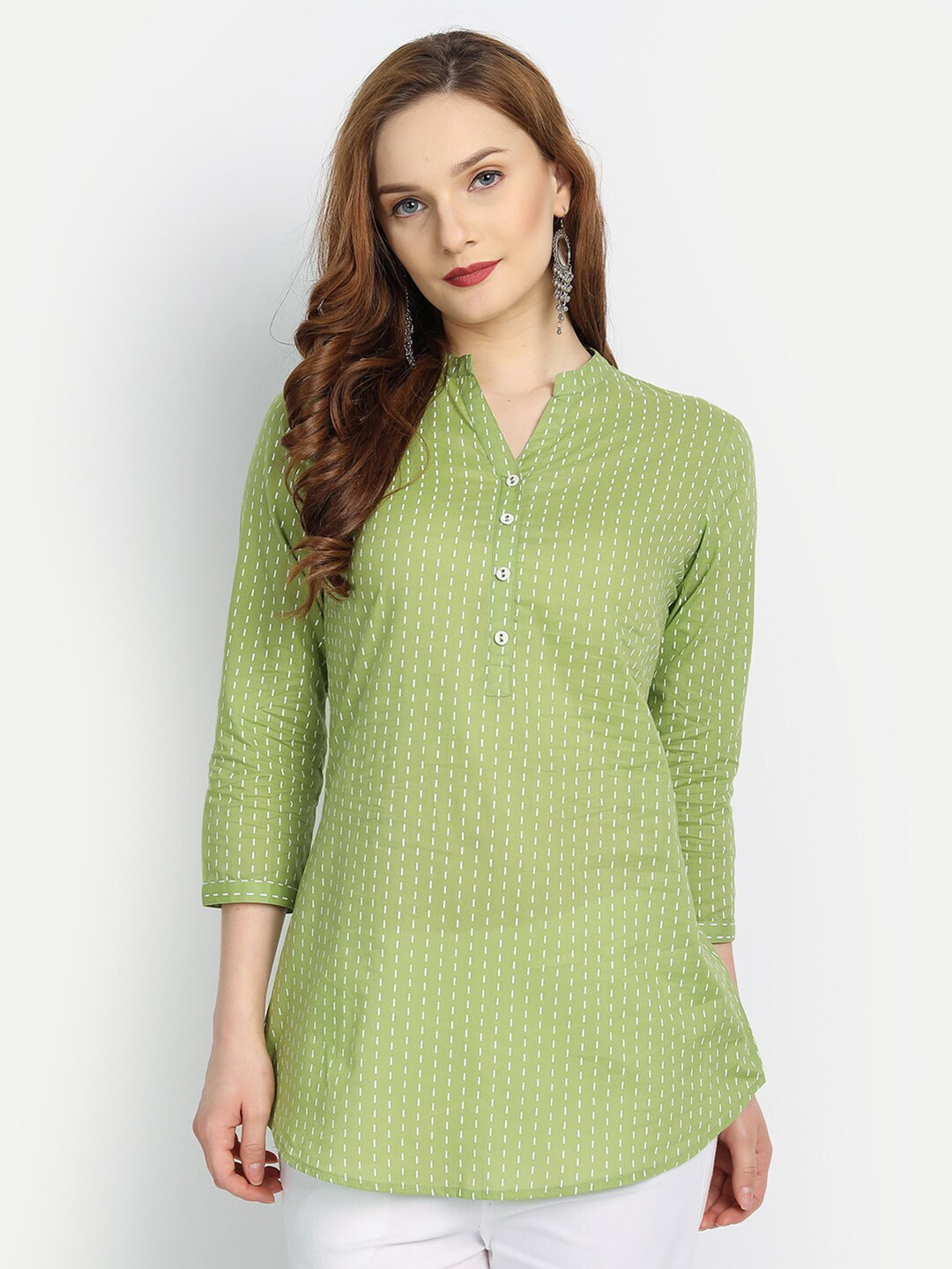 

fabGLOBAL Green Striped Mandarin Collar Shirt Style Top