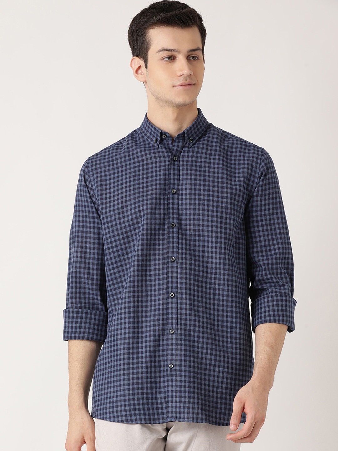 

Bruun & Stengade Men Navy Blue Opaque Checked Cotton Casual Shirt