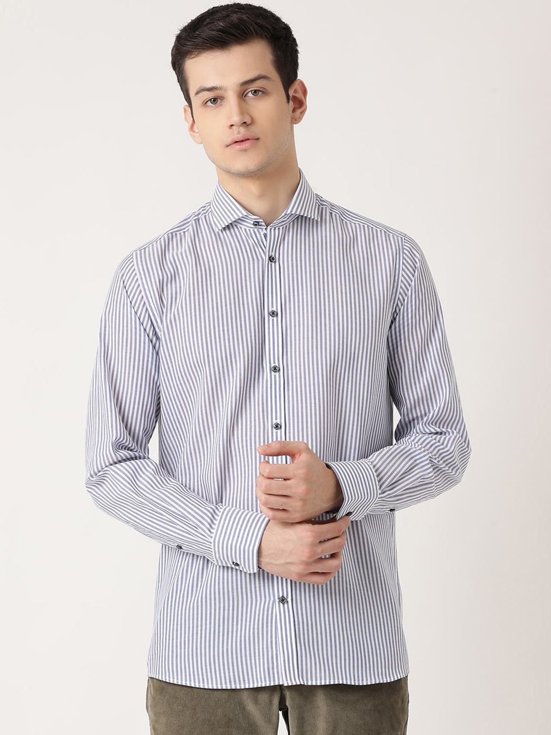 

Bruun & Stengade Men Blue Opaque Striped Cotton Casual Shirt