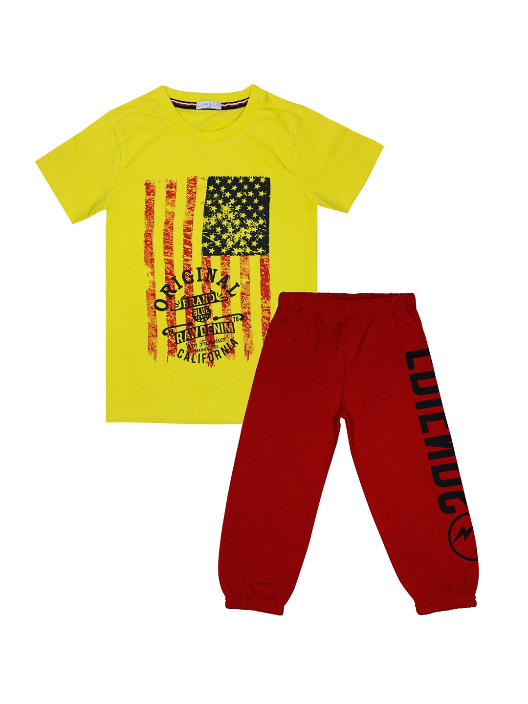 

Luke & Lilly Boys Yellow & Red Printed Pure Cotton T-Shirts With Trousers