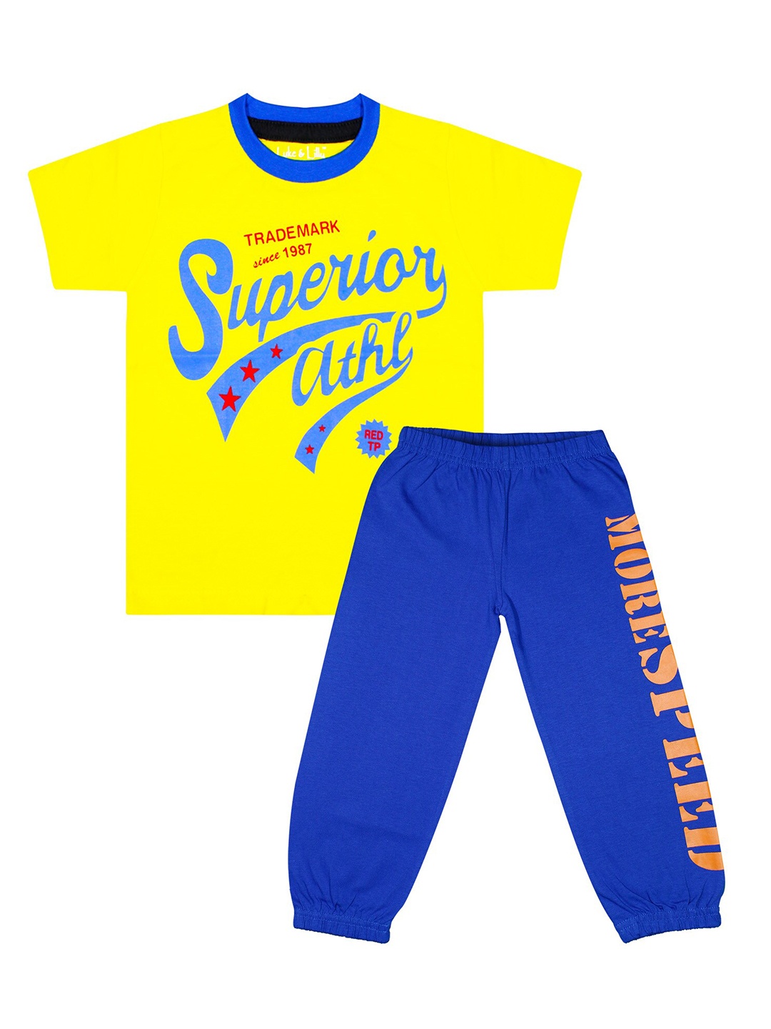 

Luke & Lilly Boys Yellow & Blue Printed Pure Cotton T-Shirts With Trousers