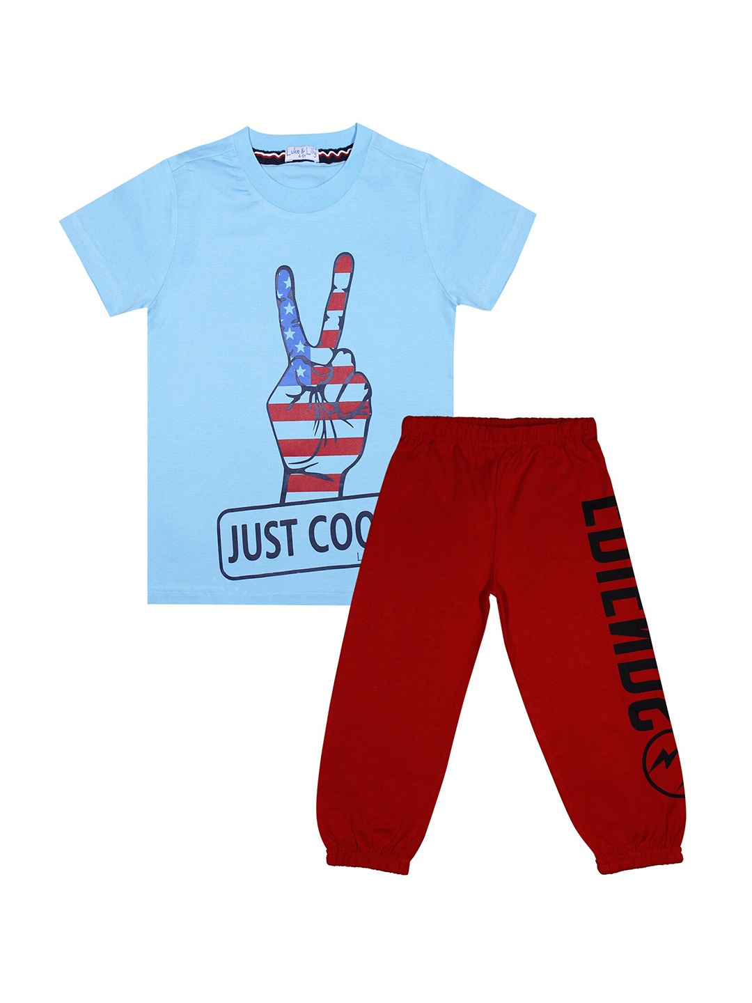 

Luke & Lilly Boys Turquoise Blue & Maroon Printed Pure Cotton T-Shirts With Trousers
