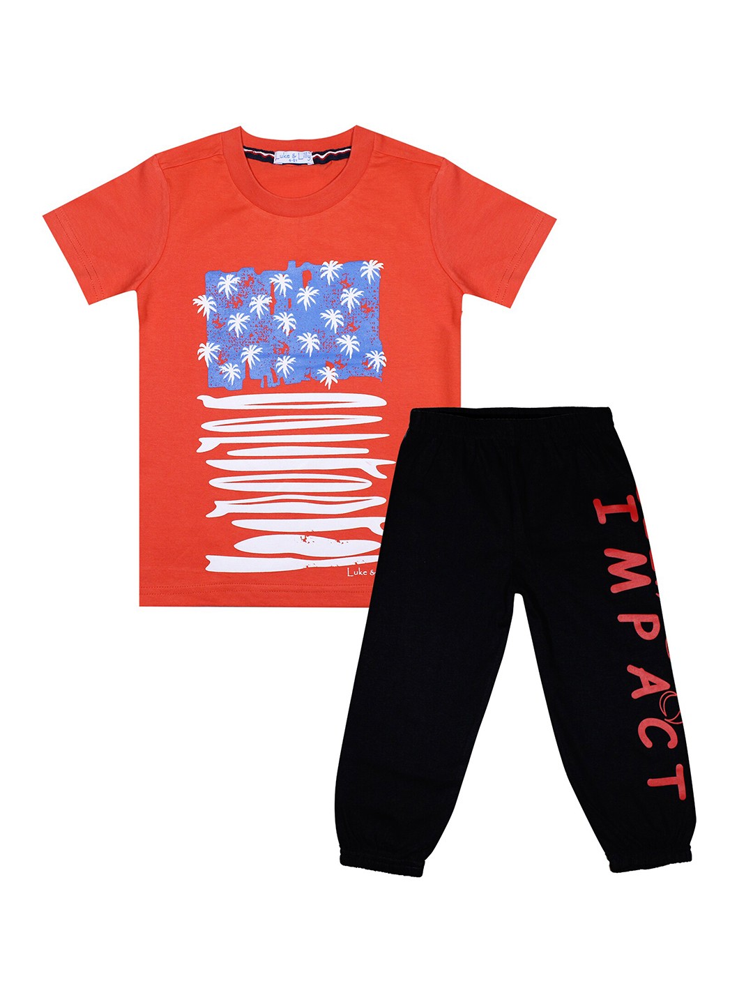 

Luke & Lilly Boys Orange & Black Printed Tshirt & Pyjama Set