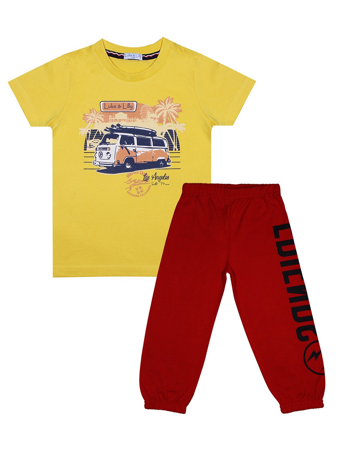 

Luke & Lilly Boys Maroon & Yellow Printed T-shirt & Pyjamas