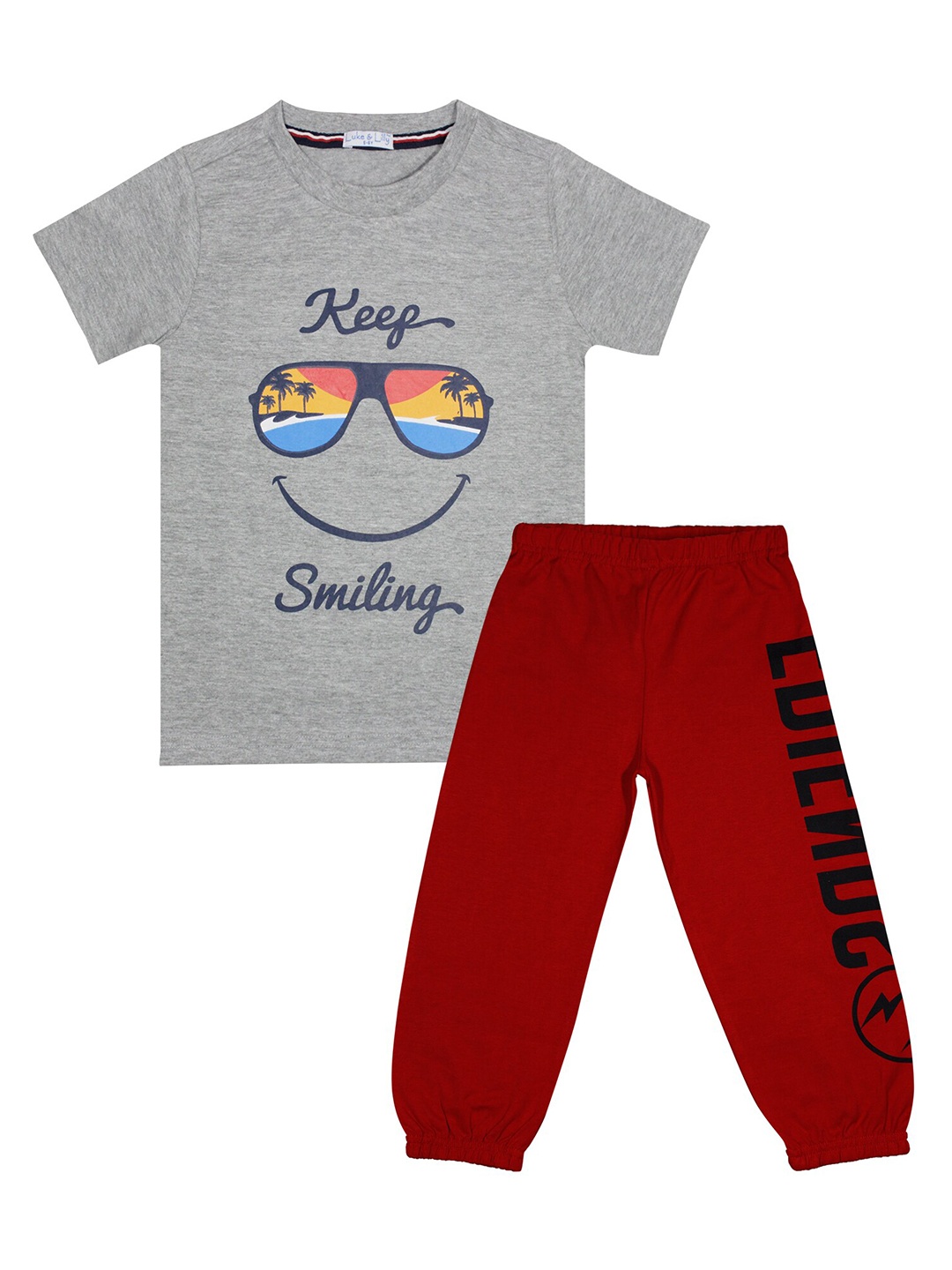 

Luke & Lilly Boys Maroon & Grey Printed T-shirt with Pyjamas