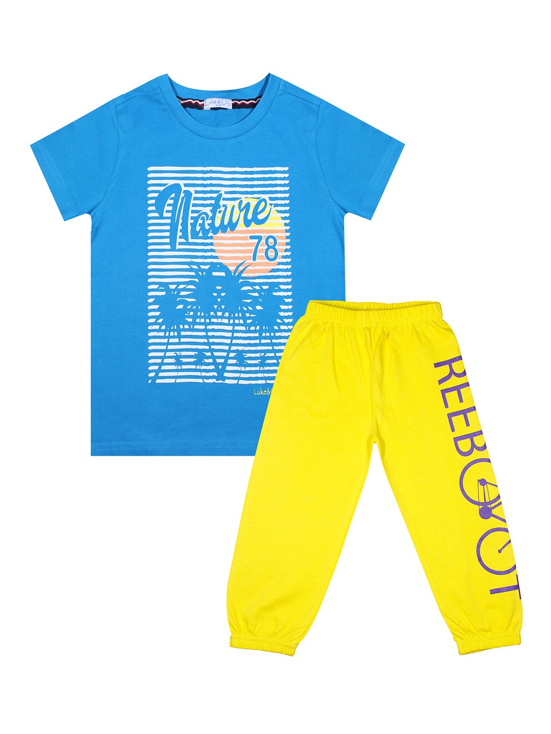 

Luke & Lilly Boys Blue & Yellow Graphic Printed Pure Cotton T-Shirt With Trousers