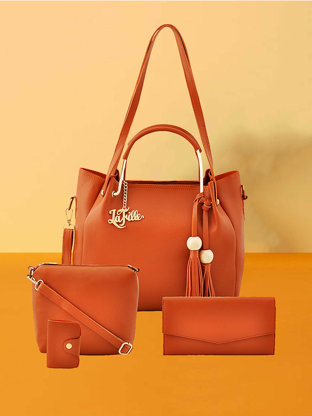 

LaFille Women Tan Set of 4 Structured Handheld Bag