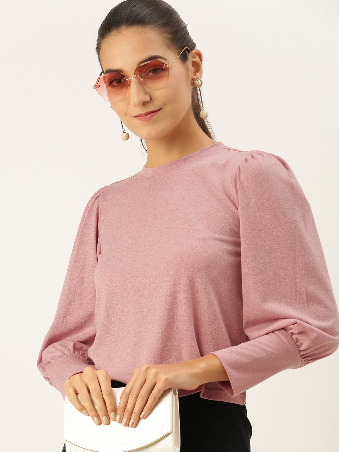 

AND Solid Pink Bishop Sleeves Regular Top