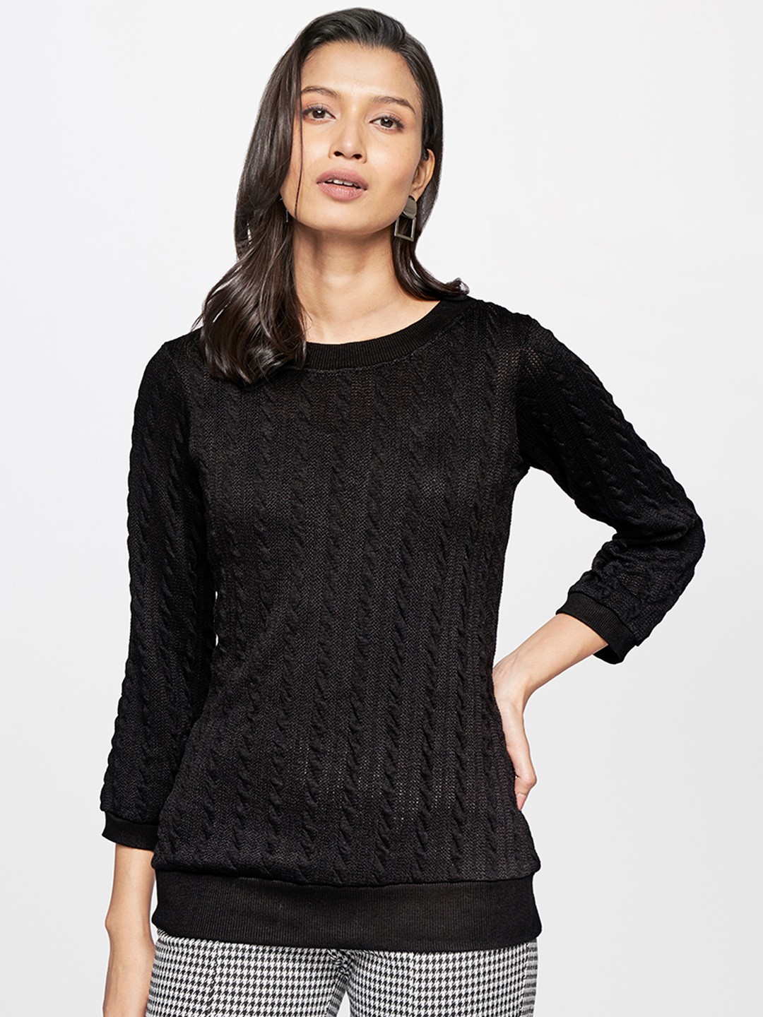 

AND Women Black Self Design Regular Top