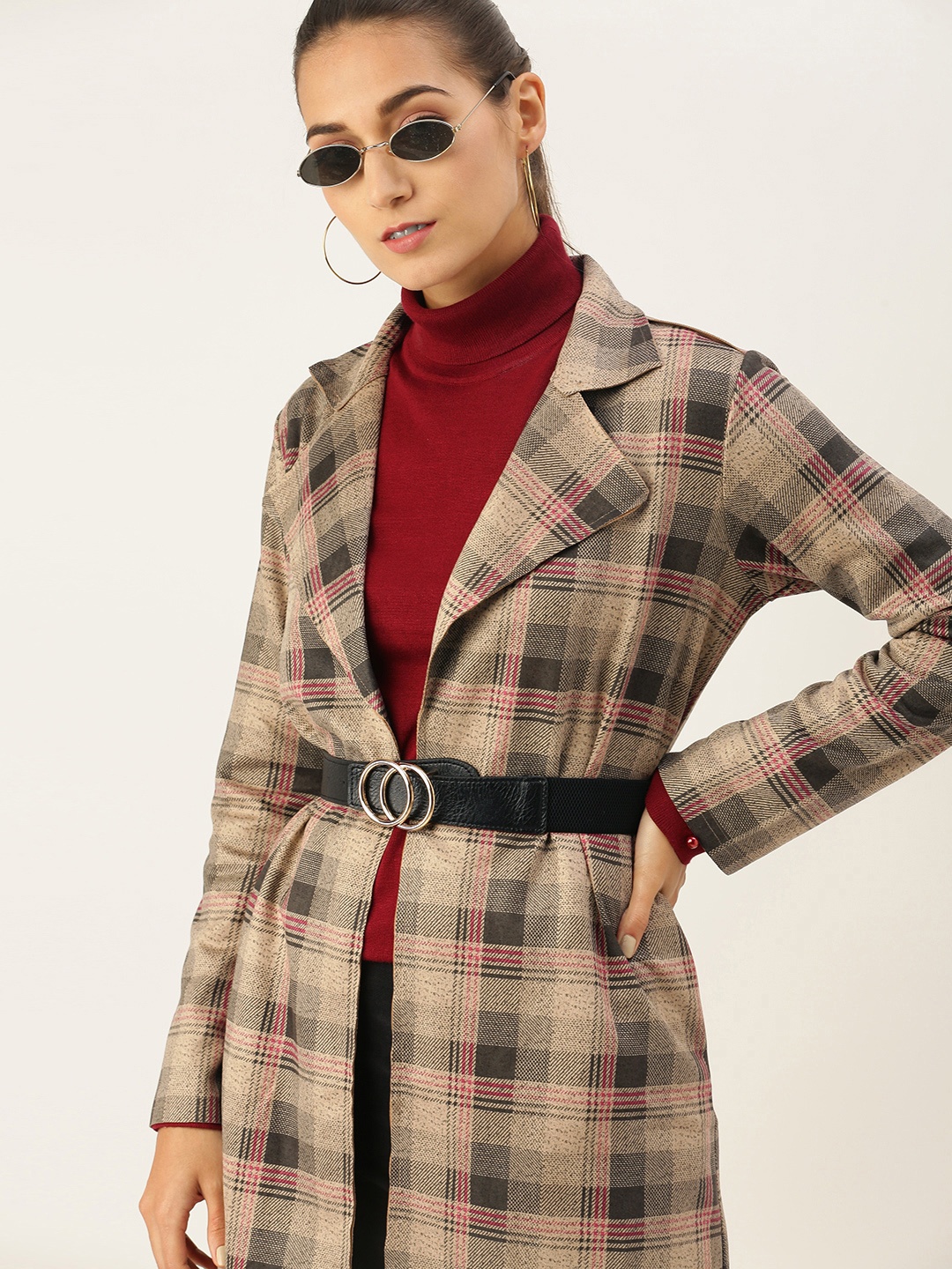 

AND Women Beige Checked Longline Tailored Jacket