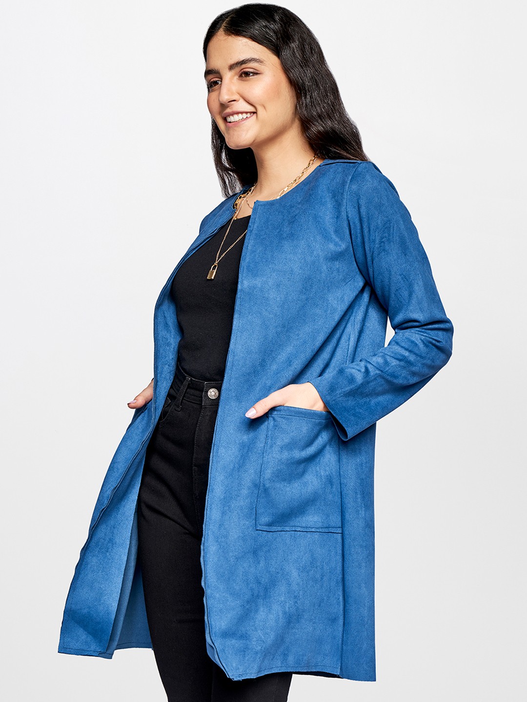 

AND Women Blue Solid Longline Open Front Jacket
