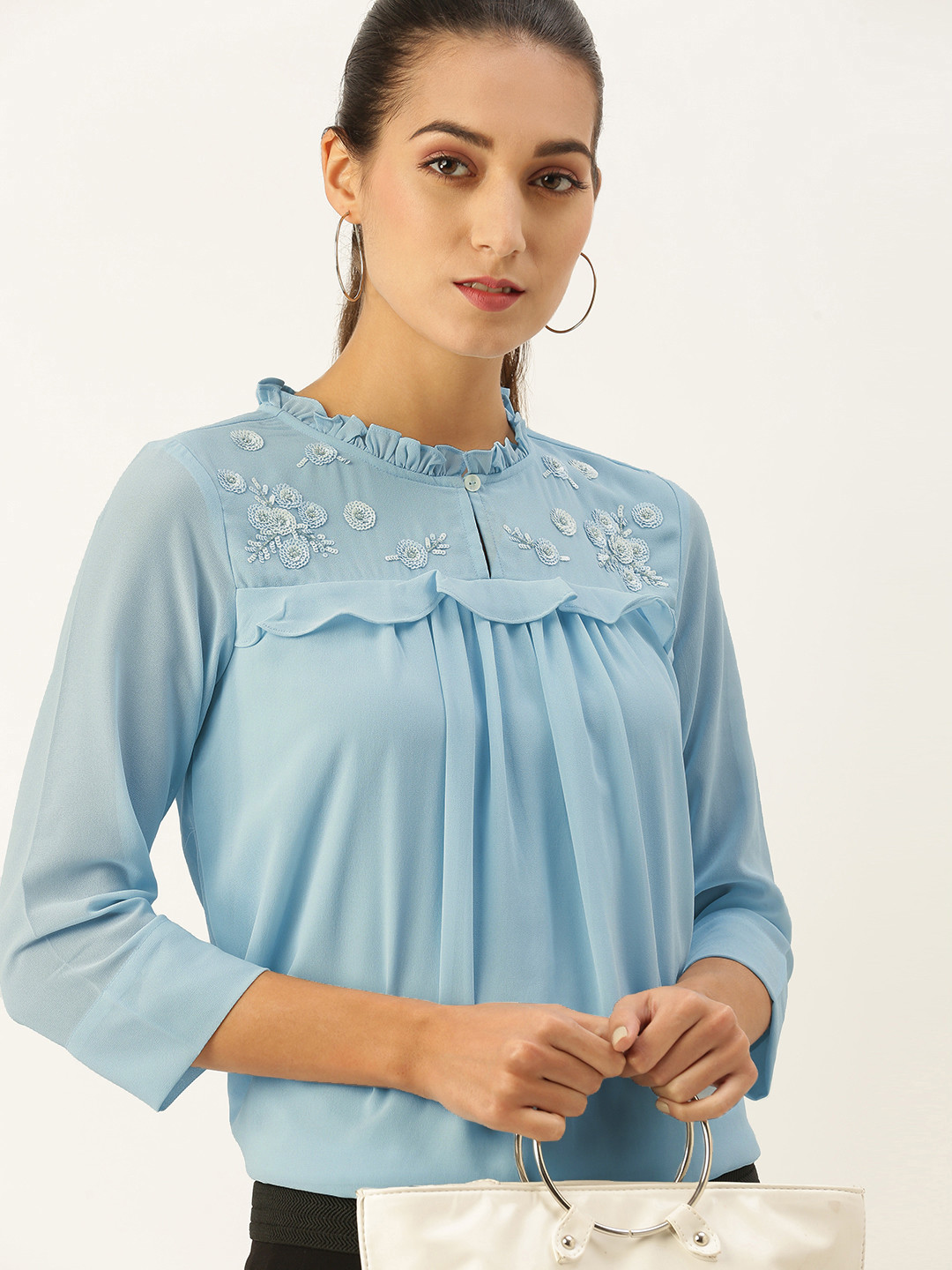 

AND Solid Blue Ruffles Regular Top