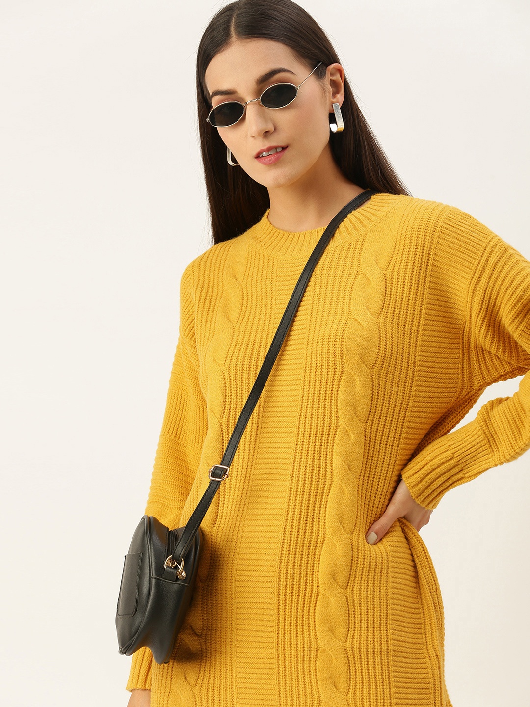 

AND Yellow Self Design Drop Shoulder Knitted Jumper Mini Dress