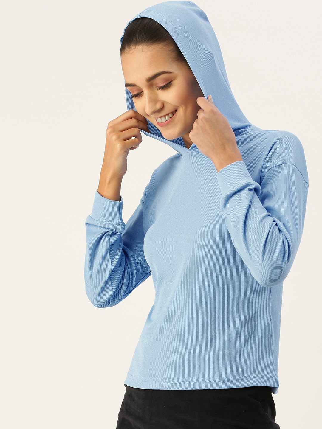

AND Women Blue Striped Extended Sleeves T-shirt