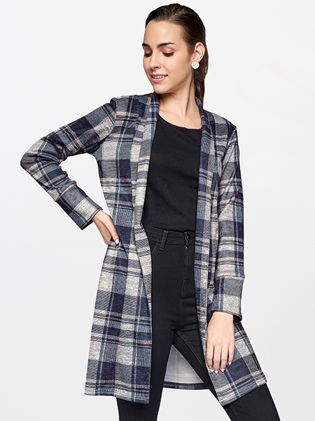

AND Women Grey Checked Longline Open Front Jacket