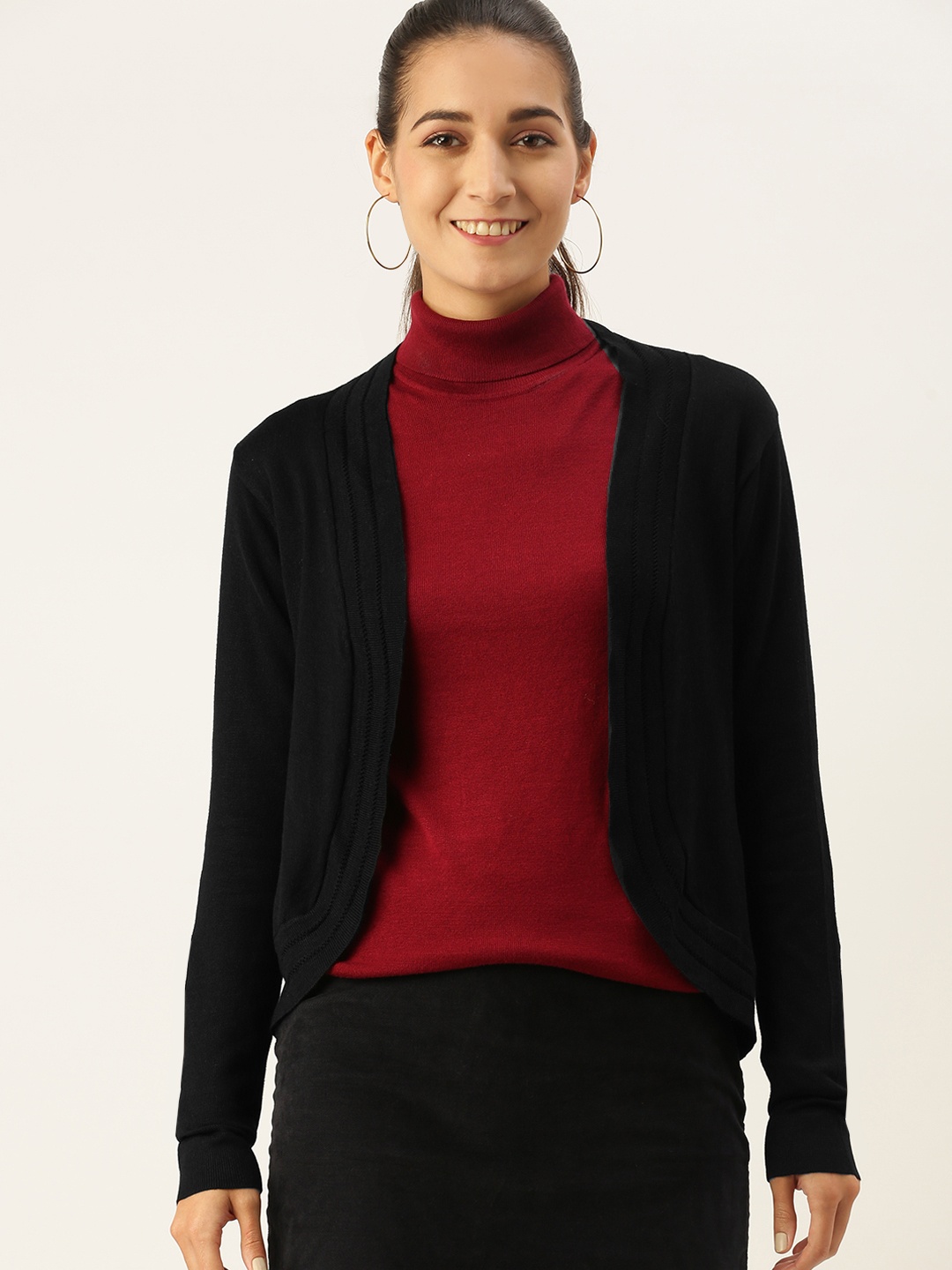 

AND Women Solid Black Open-Front Shrug