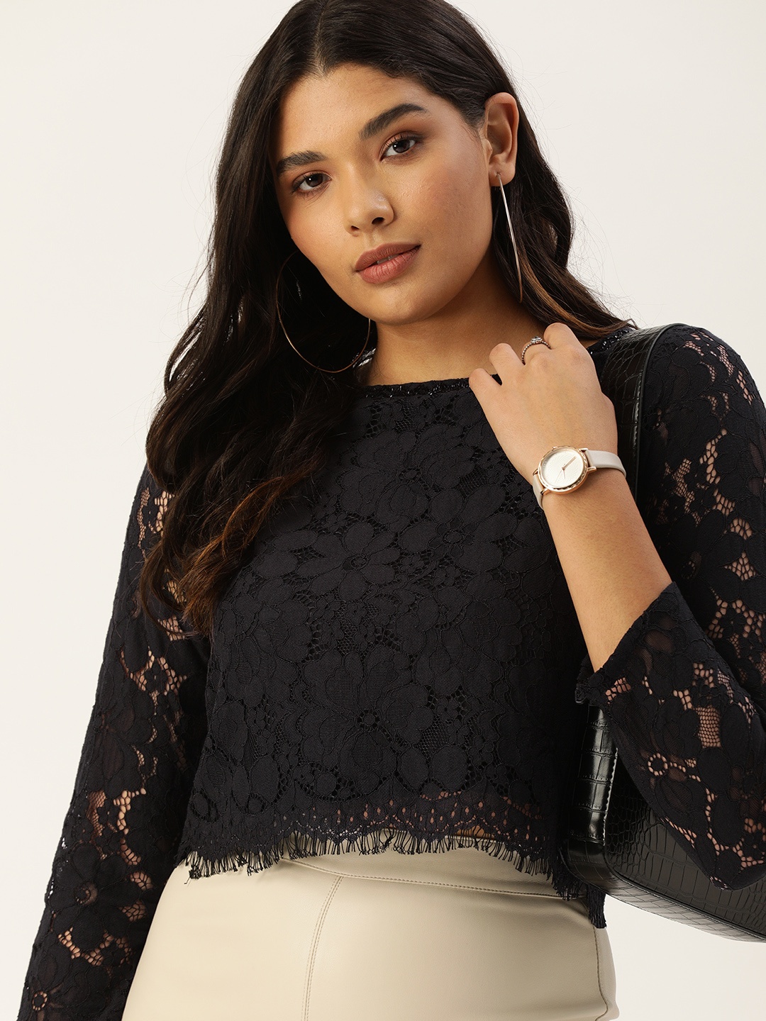 

AND Black Lace Inserts Semi Sheer Regular Crop Top