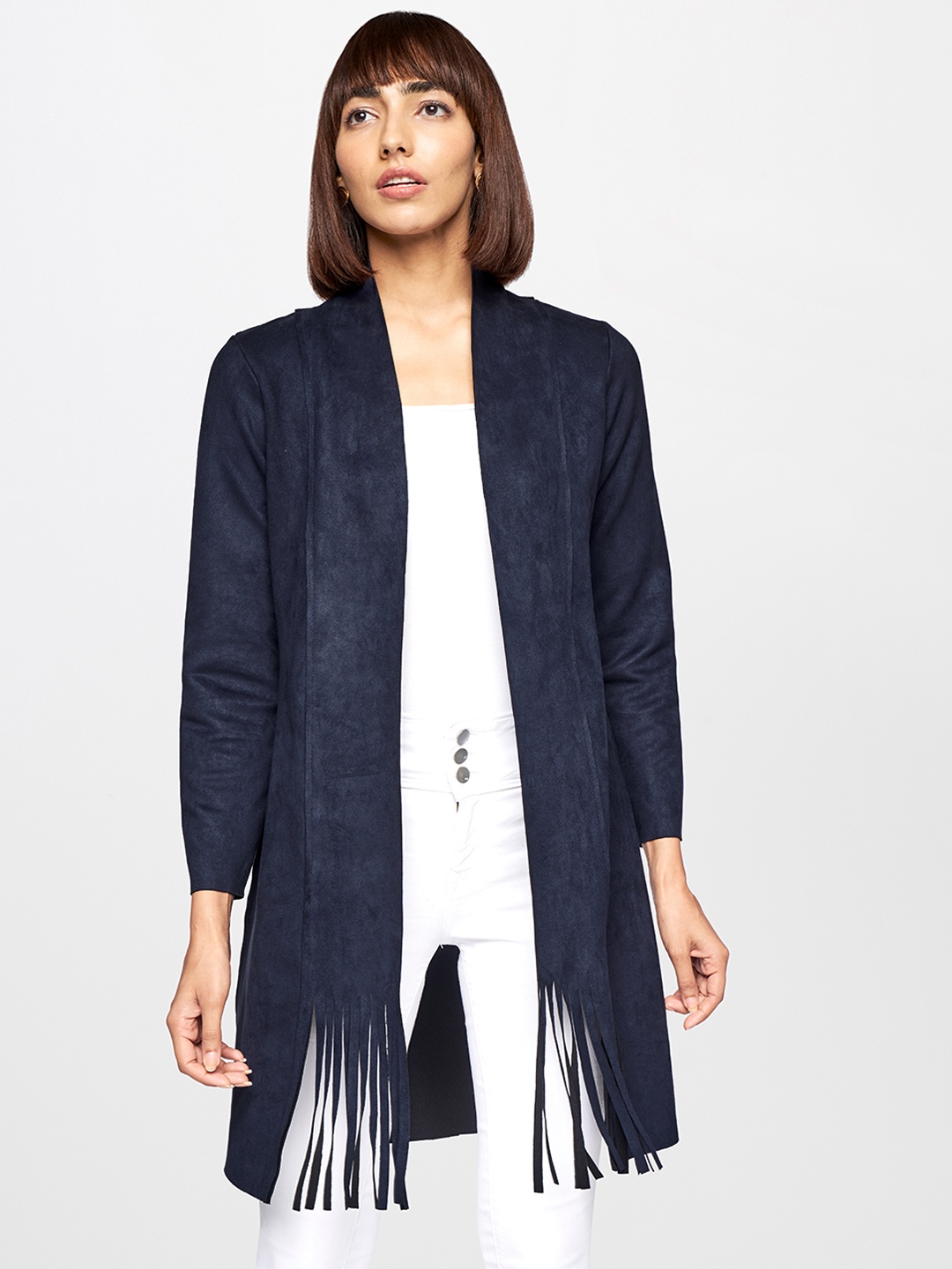 

AND Women Navy Blue Solid Longline Shrug