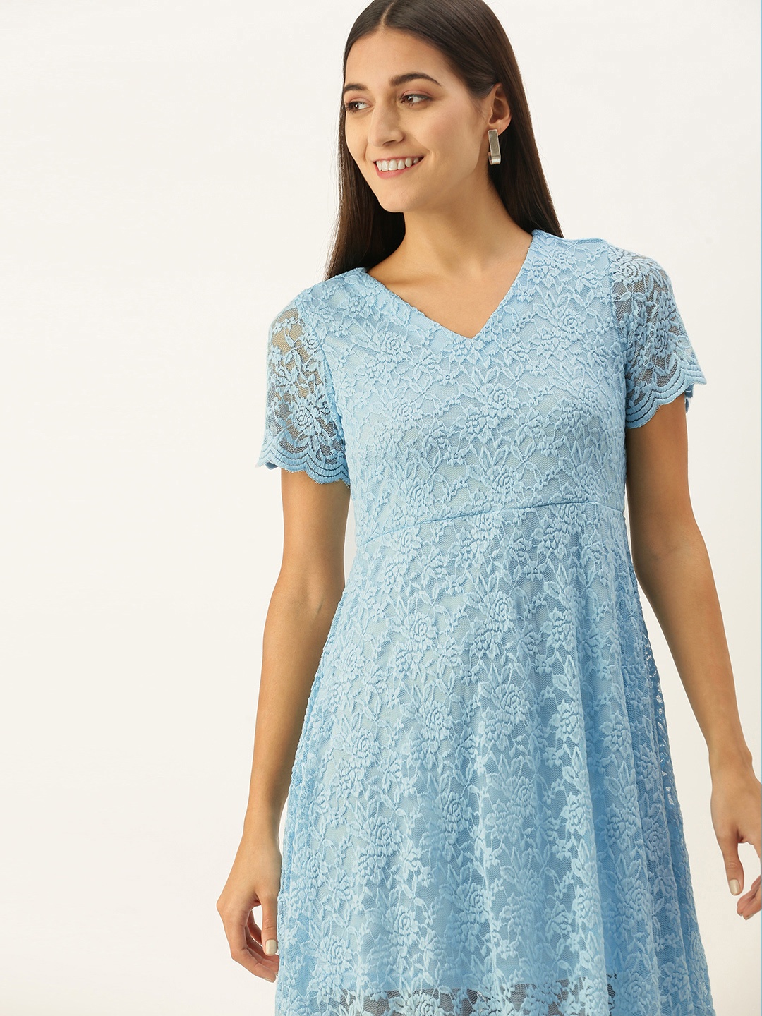 

AND Women Blue Lace Inserts A-Line Dress
