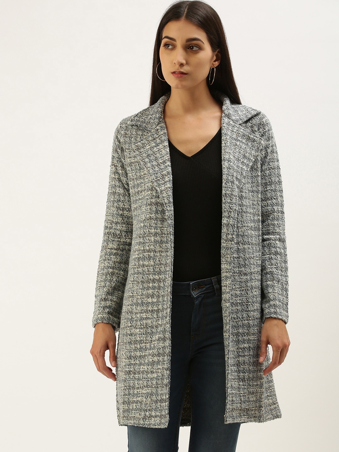 

AND Women Grey & Blue Self-Checked Boucle Knit Knee Length Front Open Overcoat