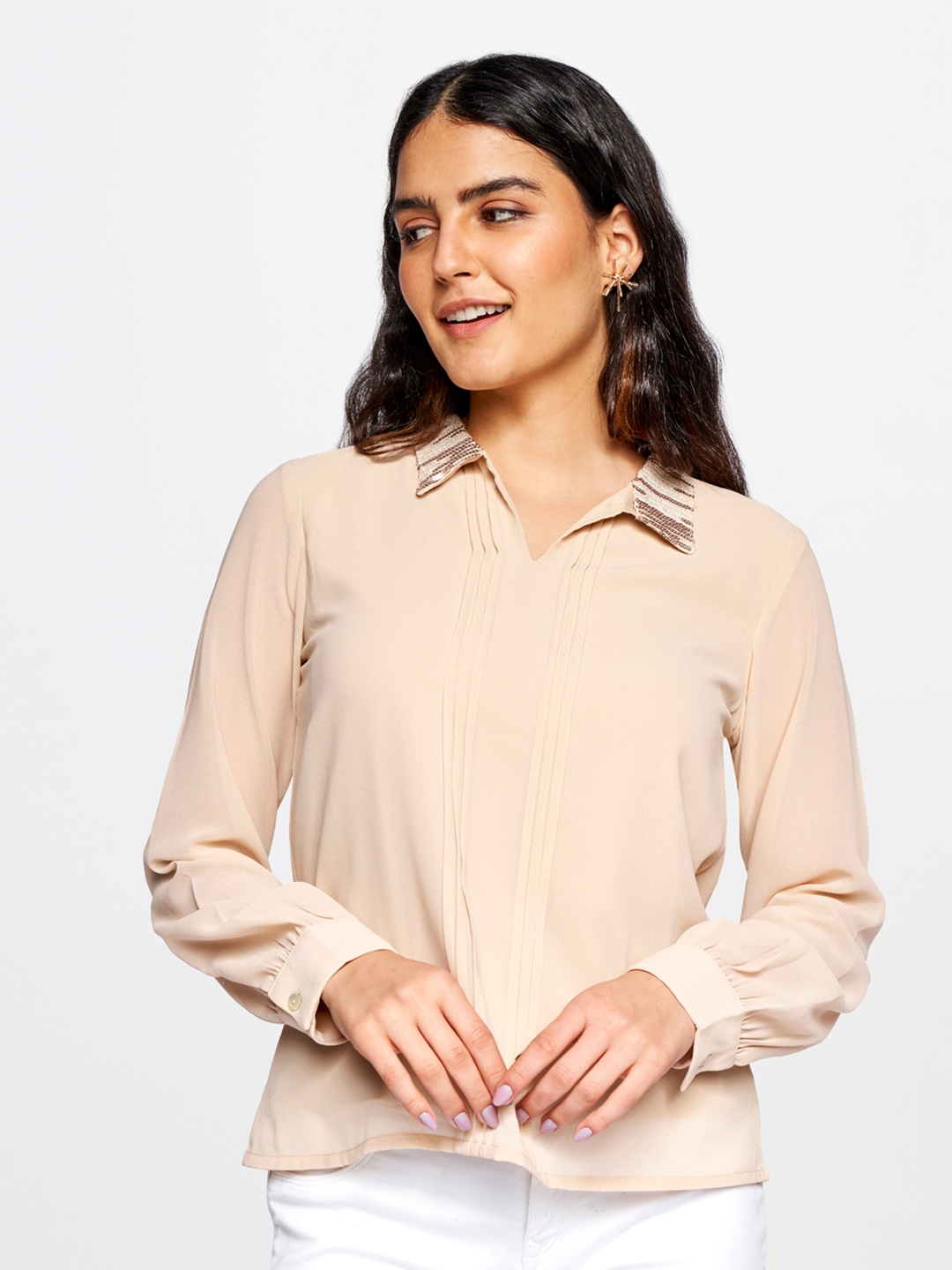

AND Beige Sequined Neck Shirt Style Top