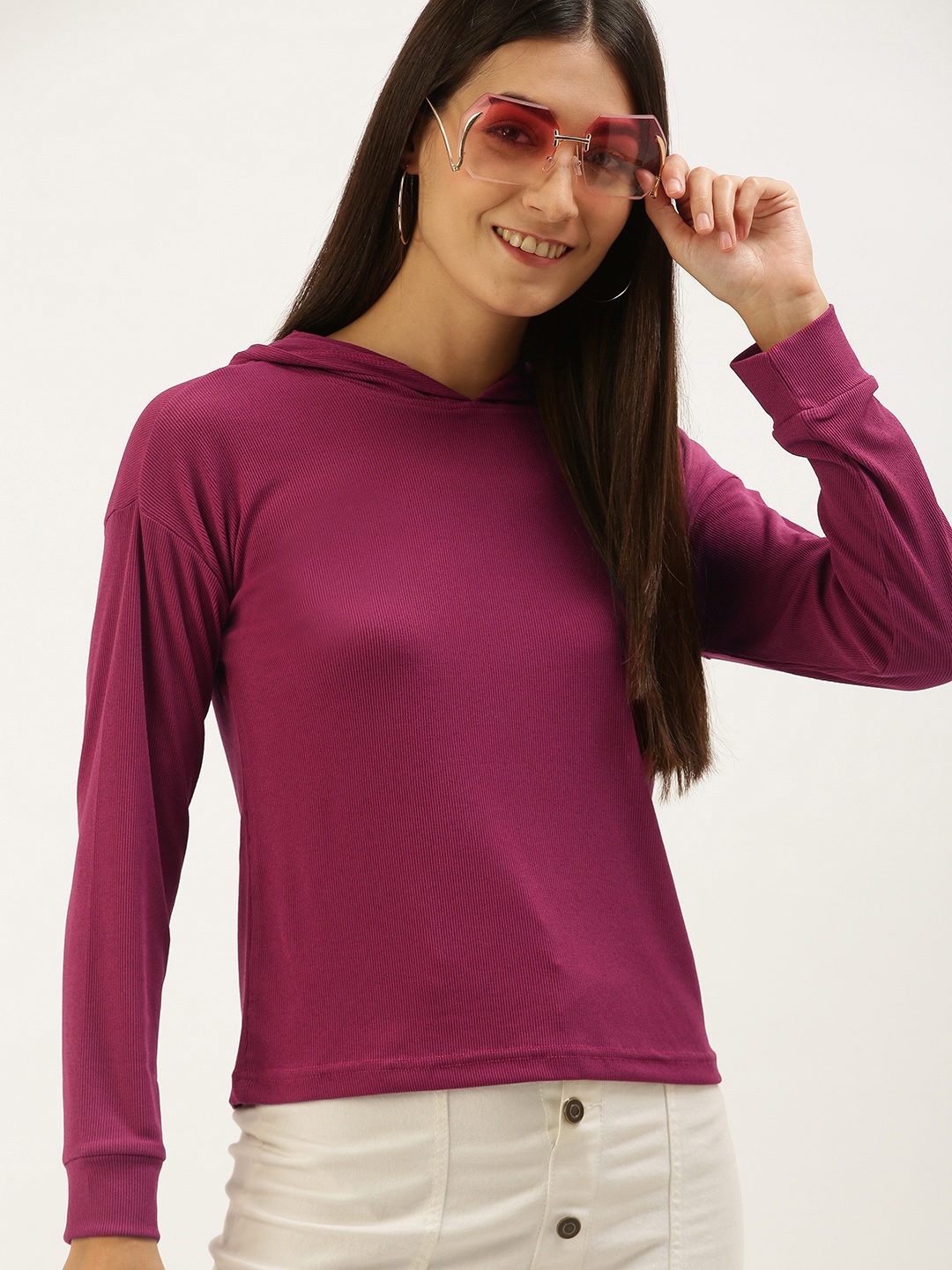 

AND Purple Solid Hooded Regular Top