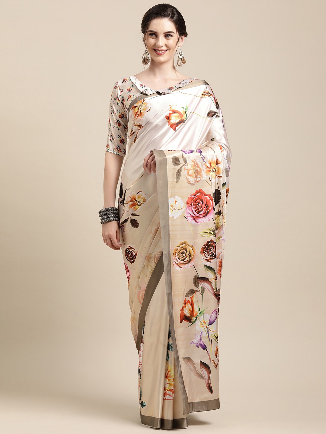 

Mitera Beige & Red Floral Satin Saree