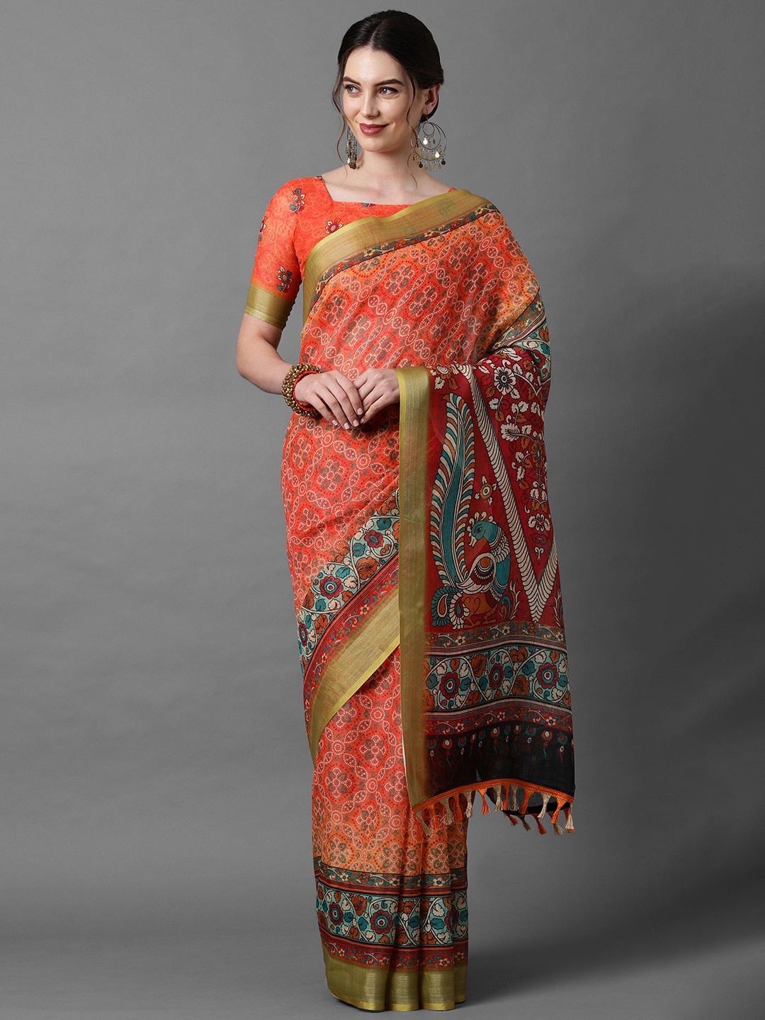 

Mitera Orange & Red Ethnic Motifs Zari Linen Blend Saree