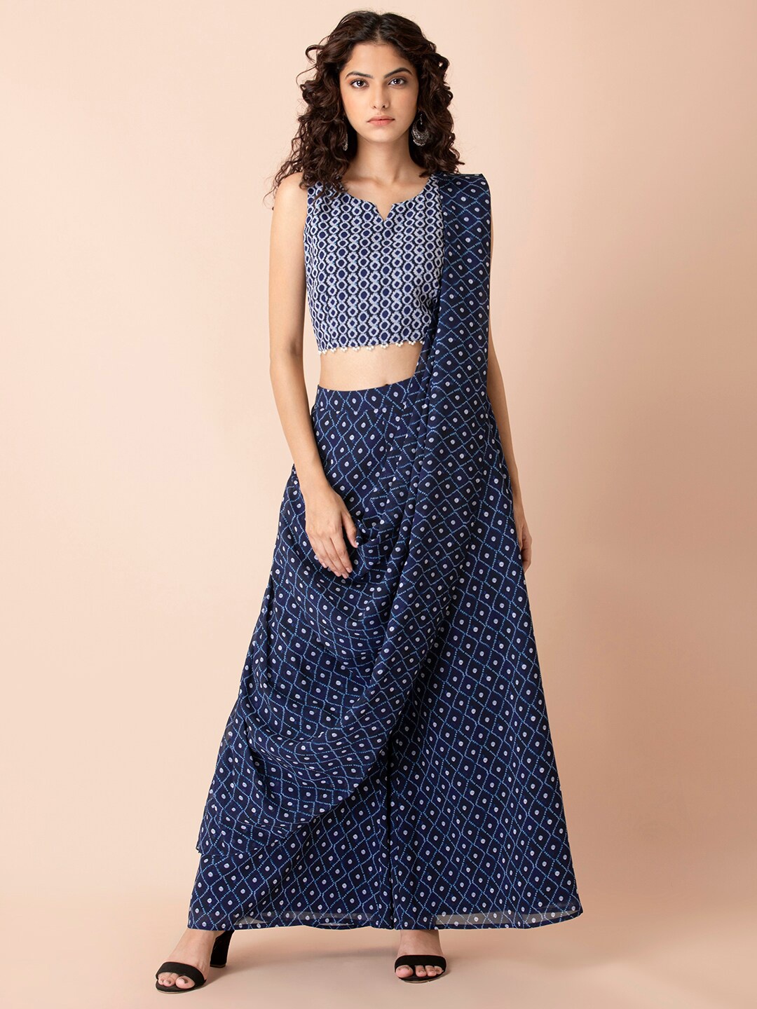 

INDYA Women Blue & White Bandhej Sharara Pants with Attached Dupatta