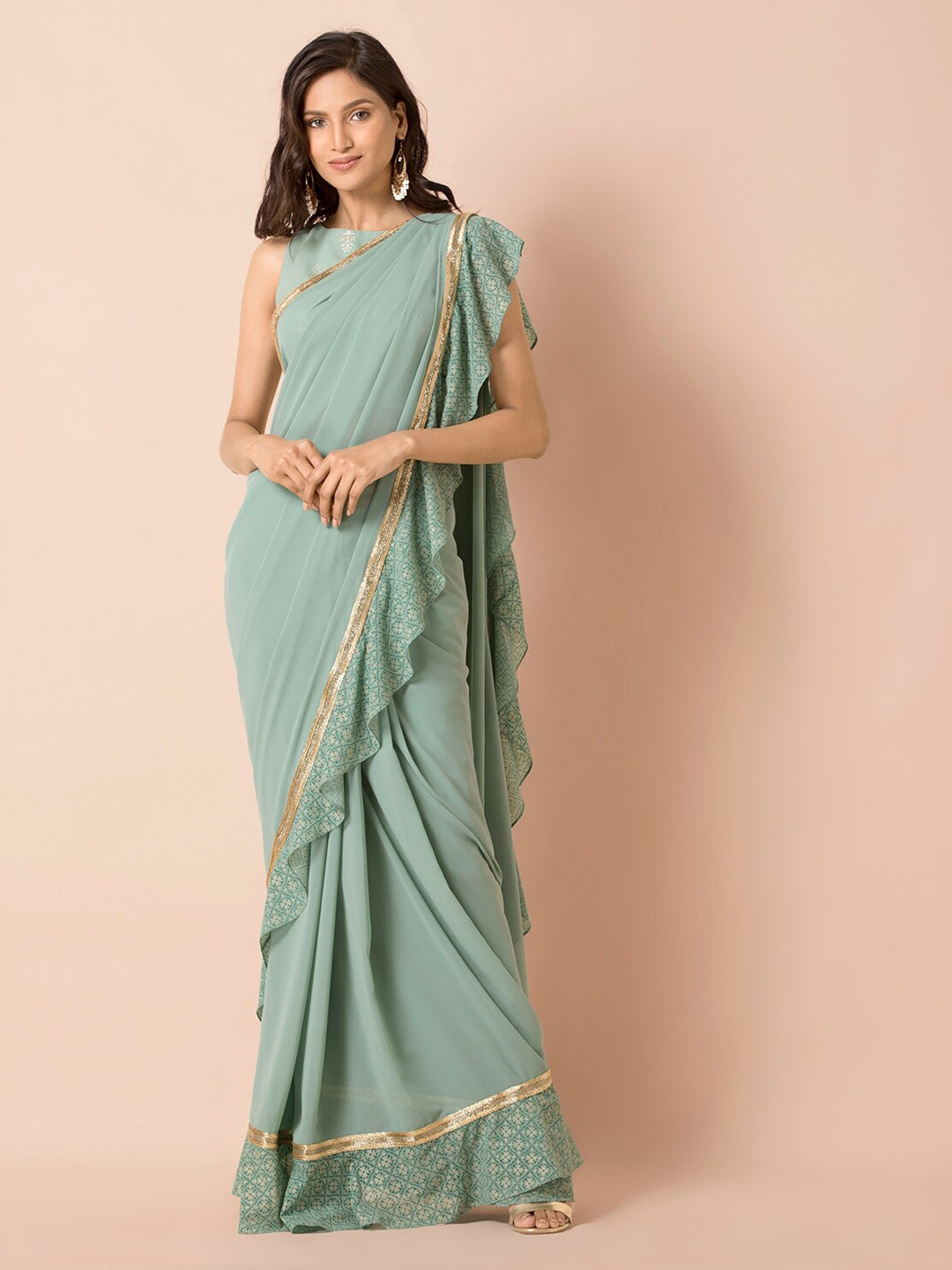 

INDYA Green Sage Pigment Foil Ruffled Sari Skirt