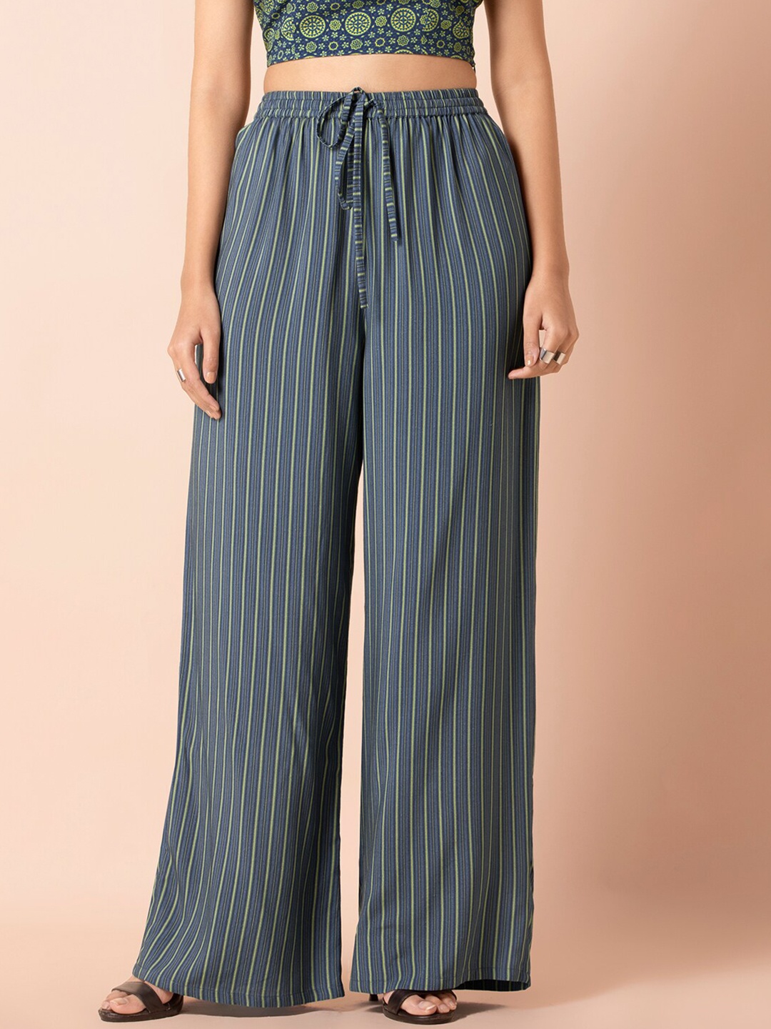 

INDYA Women Blue & Green Striped Straight Palazzo Pants