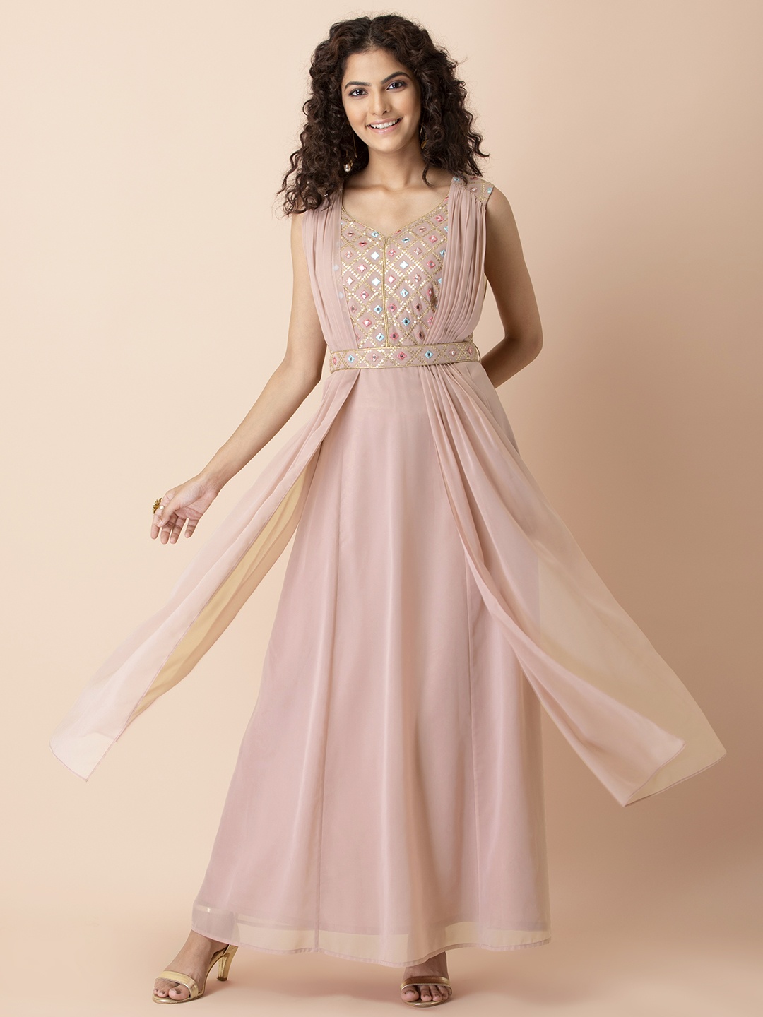 

INDYA X Shraddha Kapoor Pink Blush Mirror Embroidered Front Dupatta Dress