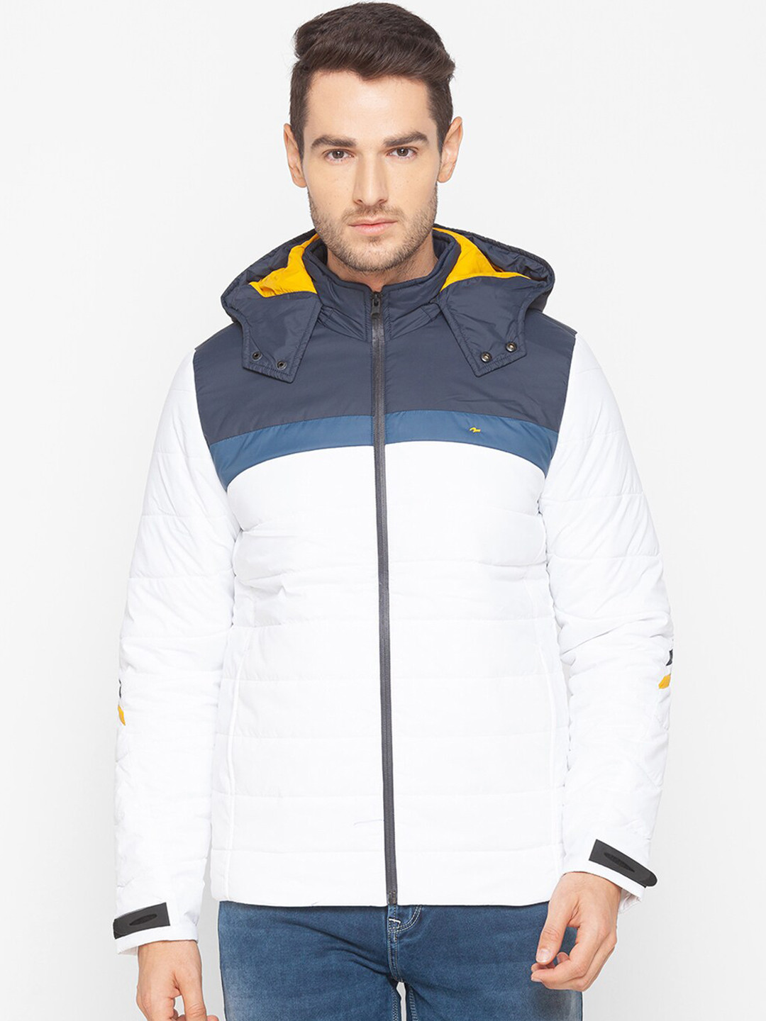 

SPYKAR Men White Blue Colourblocked Padded Jacket