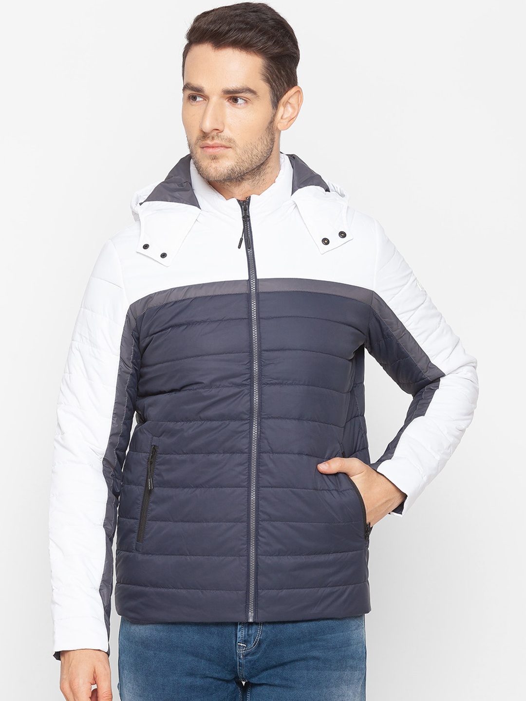 

SPYKAR Men Blue White Colourblocked Puffer Jacket