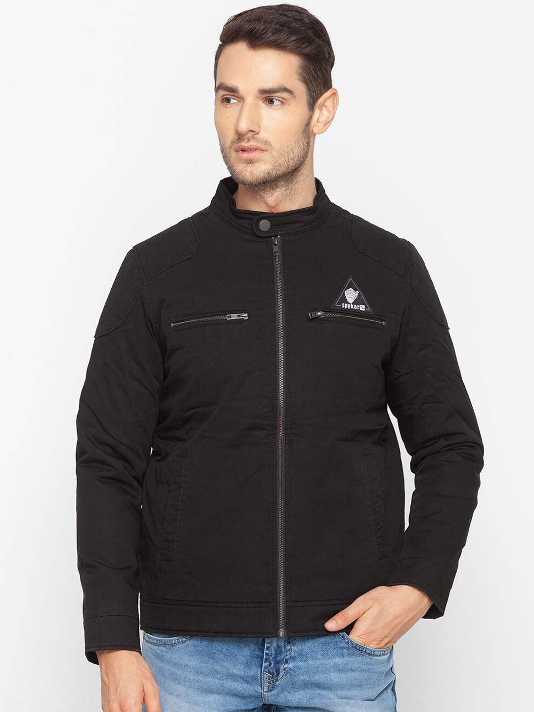 

SPYKAR Men Black Crop Bomber with Embroidered Jacket