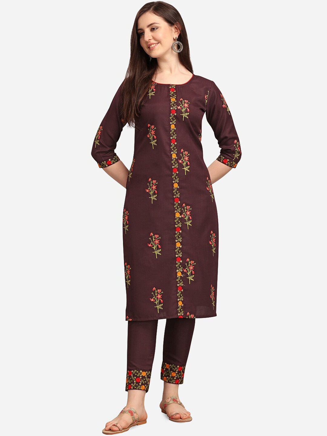 

Youthnic Women Burgundy Floral Embroidered Regular Kurta with Trousers
