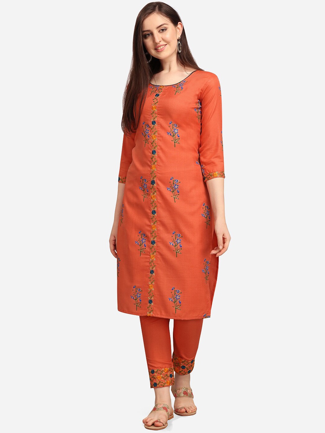 

Youthnic Women Orange Floral Embroidered Regular Kurta with Trousers