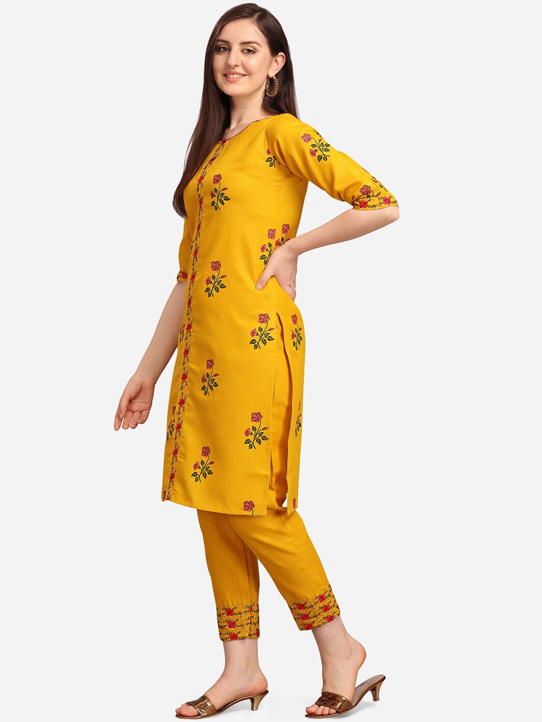 

Youthnic Women Mustard Yellow Floral Embroidered Regular Kurta with Trousers