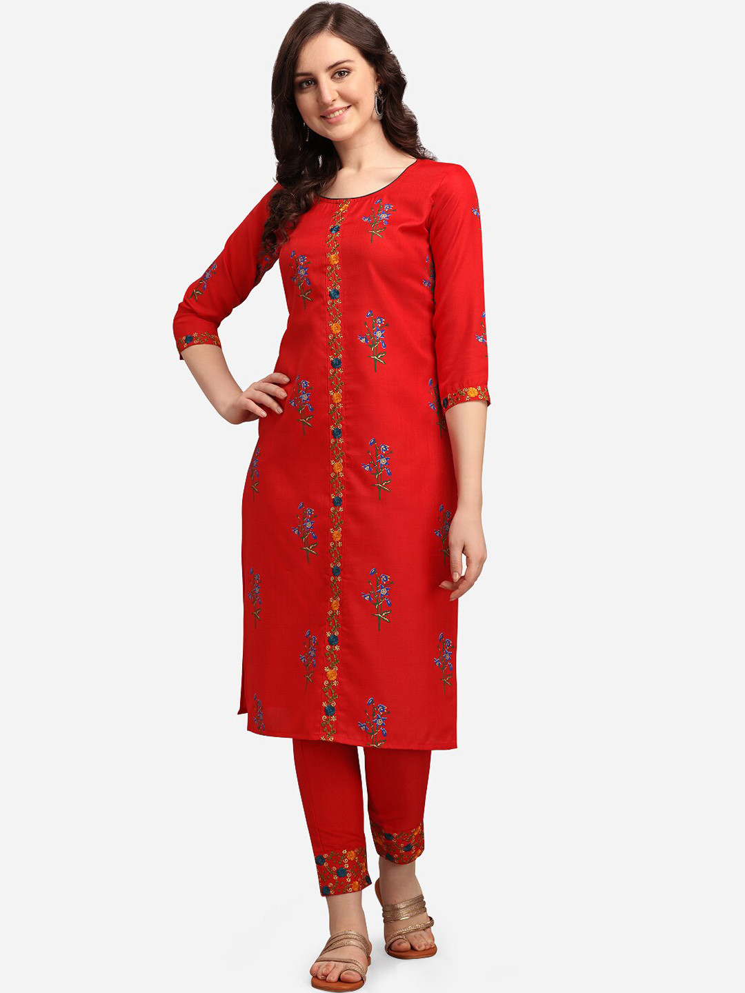 

Youthnic Women Red Floral Embroidered Regular Kurta with Trousers